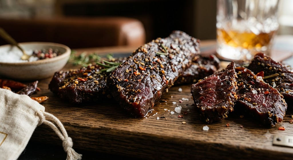 Close-up of whole-muscle Luckie jerky with cracked pepper, rosemary, and sea salt